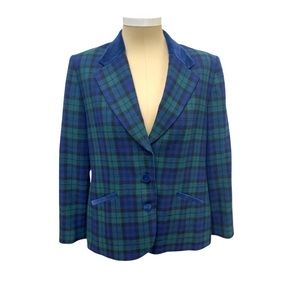 Vintage 80s Pendleton Women’s Blazer, Size 16 in Tartan Plaid and Blue Velvet
